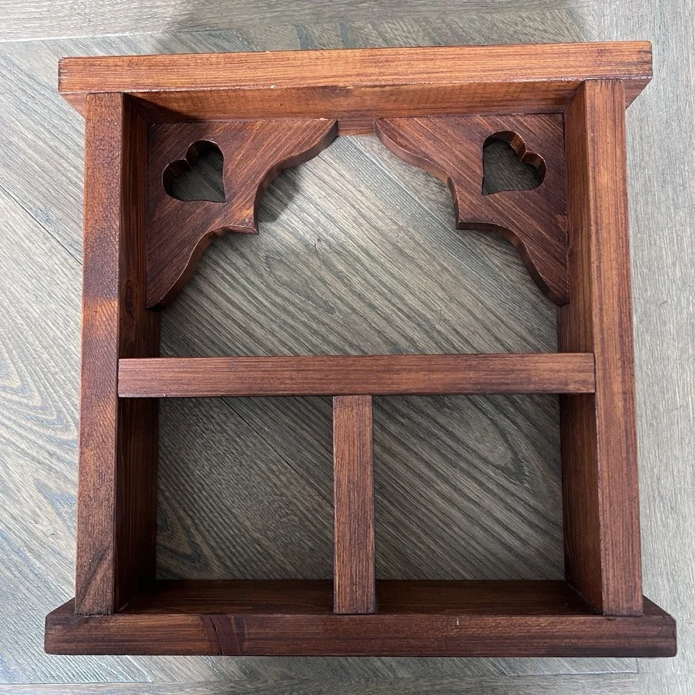 Vintage Solid Wood Heart Cutout Wall Shelf Country Cottage Display Shelf